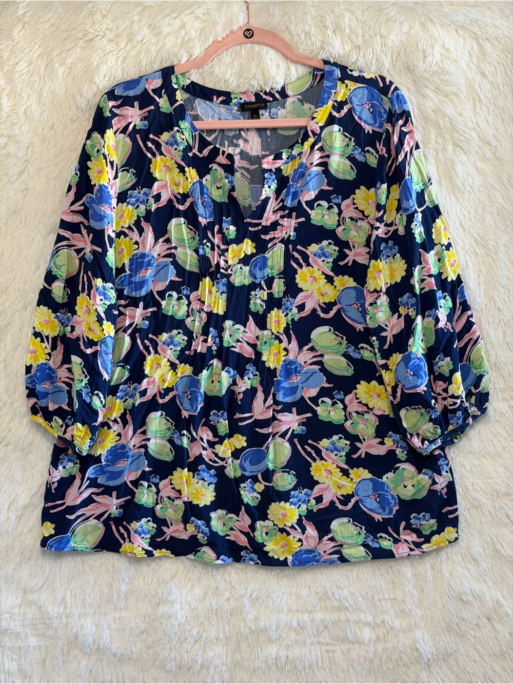 Talbots Womens Cottagecore Floral Top Size XL Blue Preppy Peasant Split-Neck